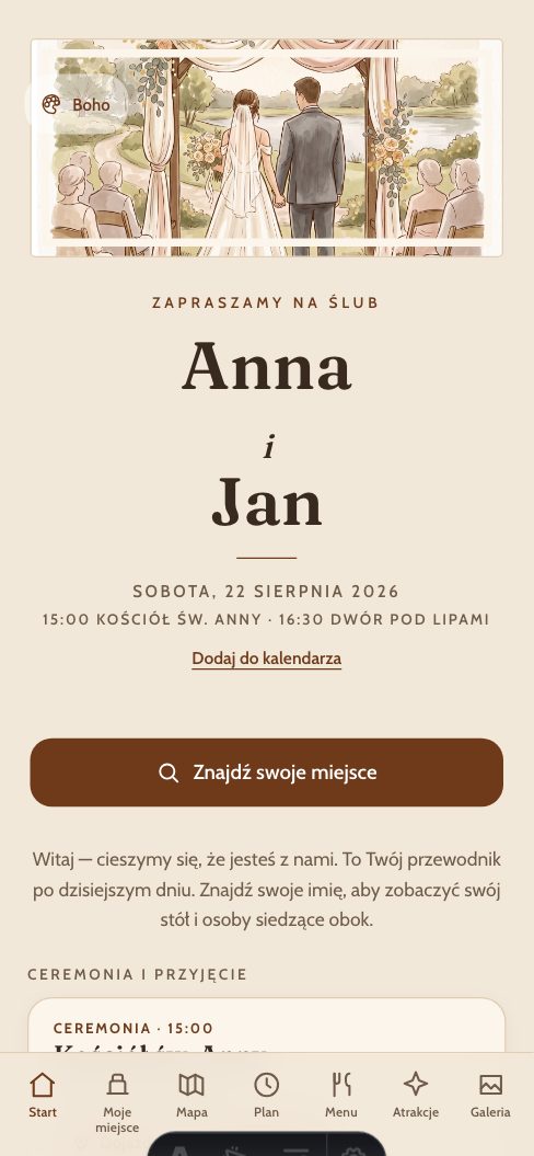 Boho — Aplikacja dla gości — wersja demo, wesele Anny i Jana
