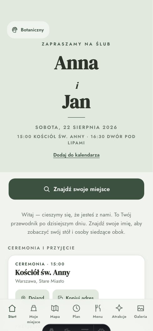 Botaniczny — Aplikacja dla gości — wersja demo, wesele Anny i Jana