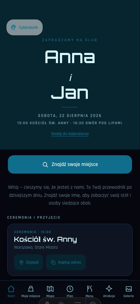 Cyberpunk — Aplikacja dla gości — wersja demo, wesele Anny i Jana