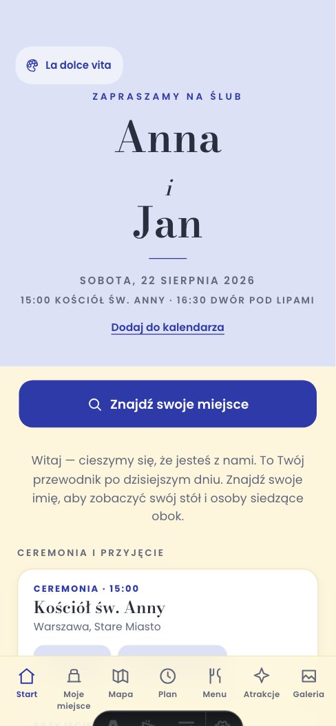 La dolce vita — Aplikacja dla gości — wersja demo, wesele Anny i Jana
