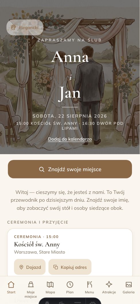 Elegancki — Aplikacja dla gości — wersja demo, wesele Anny i Jana