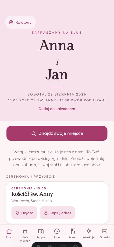 Kwiatowy — Aplikacja dla gości — wersja demo, wesele Anny i Jana