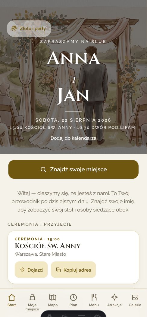 Złoto i perły — Aplikacja dla gości — wersja demo, wesele Anny i Jana