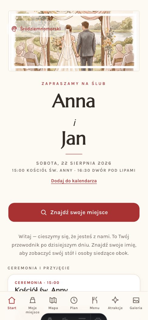 Pudrowy — Aplikacja dla gości — wersja demo, wesele Anny i Jana