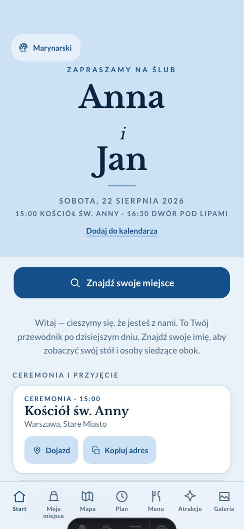 Marynarski — Aplikacja dla gości — wersja demo, wesele Anny i Jana